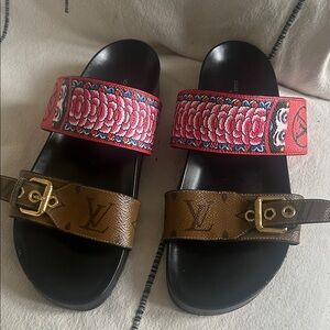 Louis Vuitton Brown Monogram & Red Embroidered Floral Slide Sandals